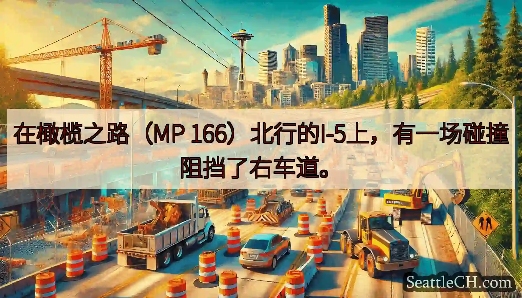 在橄榄之路（MP 166）北行的I-5上，有一场碰撞阻挡了右车道。