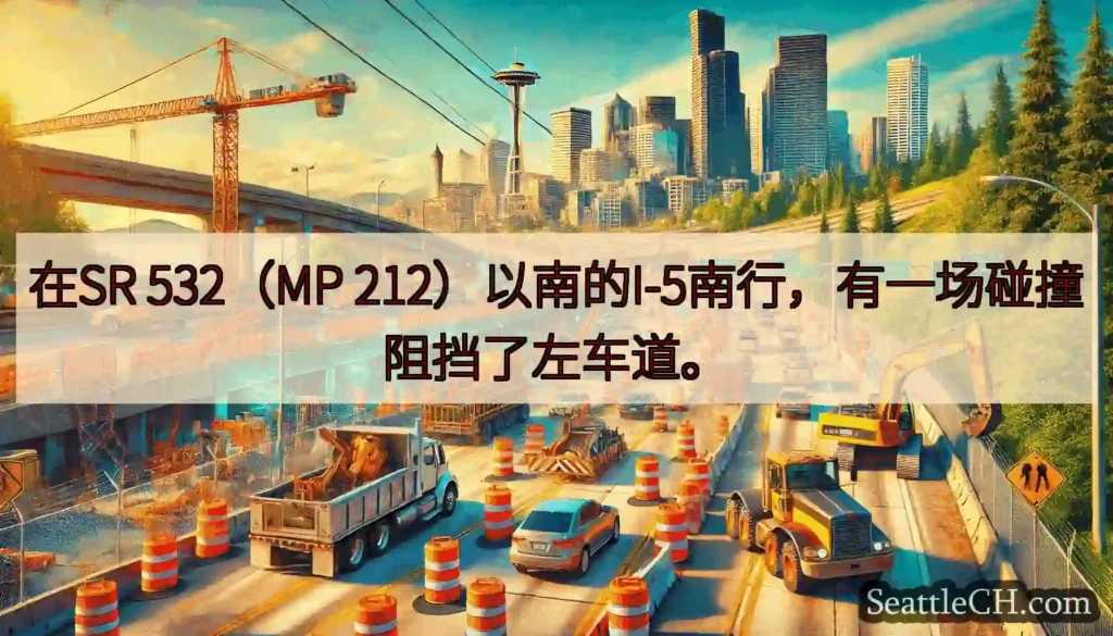 在SR 532（MP 212）以南的I-5南行，有一场碰撞阻挡了左车道。