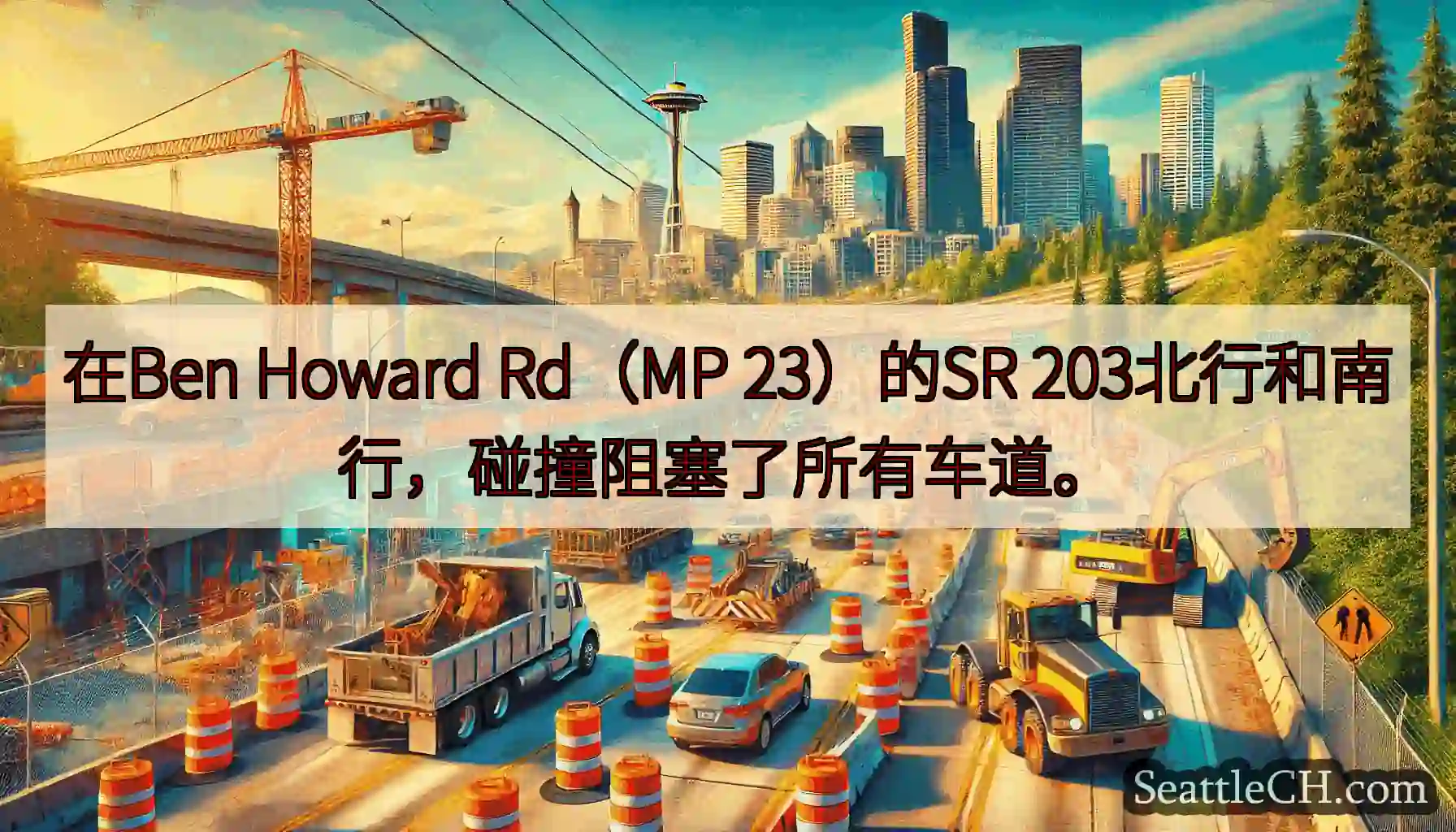 在Ben Howard Rd（MP 23）的SR 203北行和南行，碰撞阻塞了所有车道。