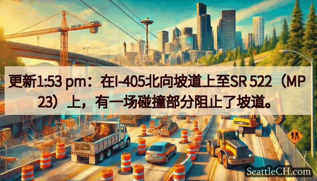 更新1:53 pm：在I-405北向坡道上至SR 522（MP 23）上，有一场碰撞部分阻止了坡道。