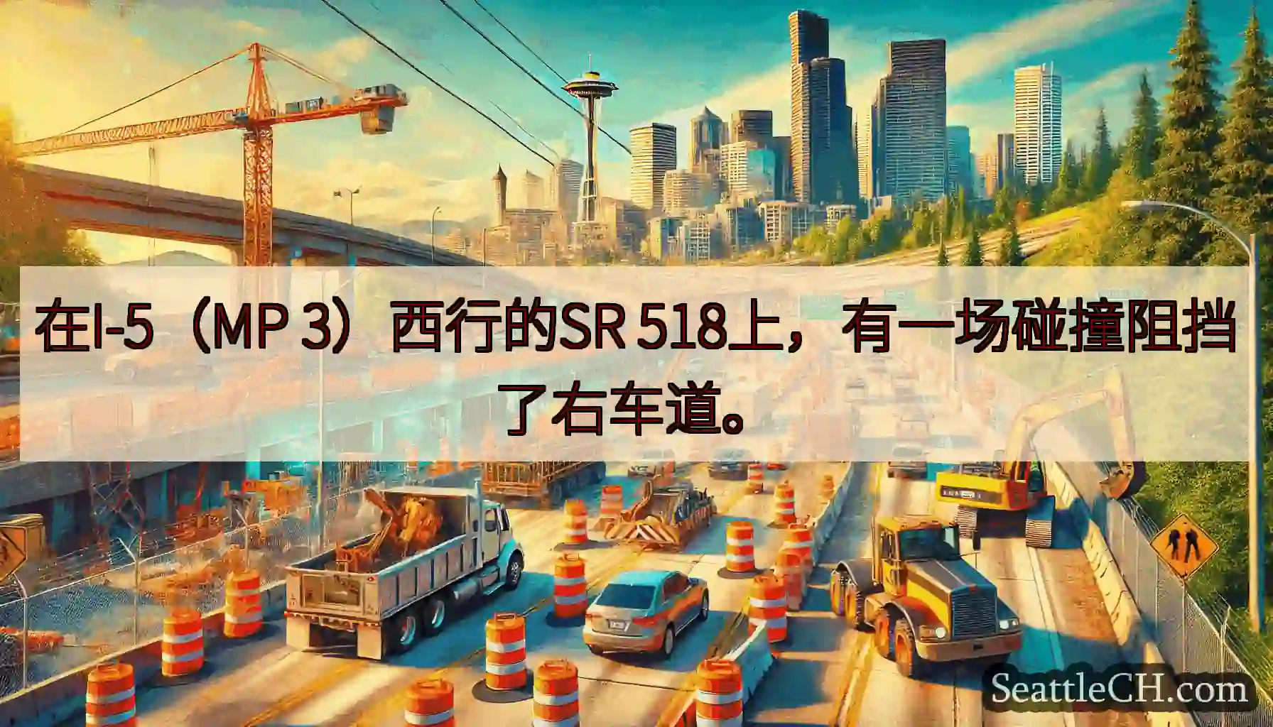 在I-5（MP 3）西行的SR 518上，有一场碰撞阻挡了右车道。