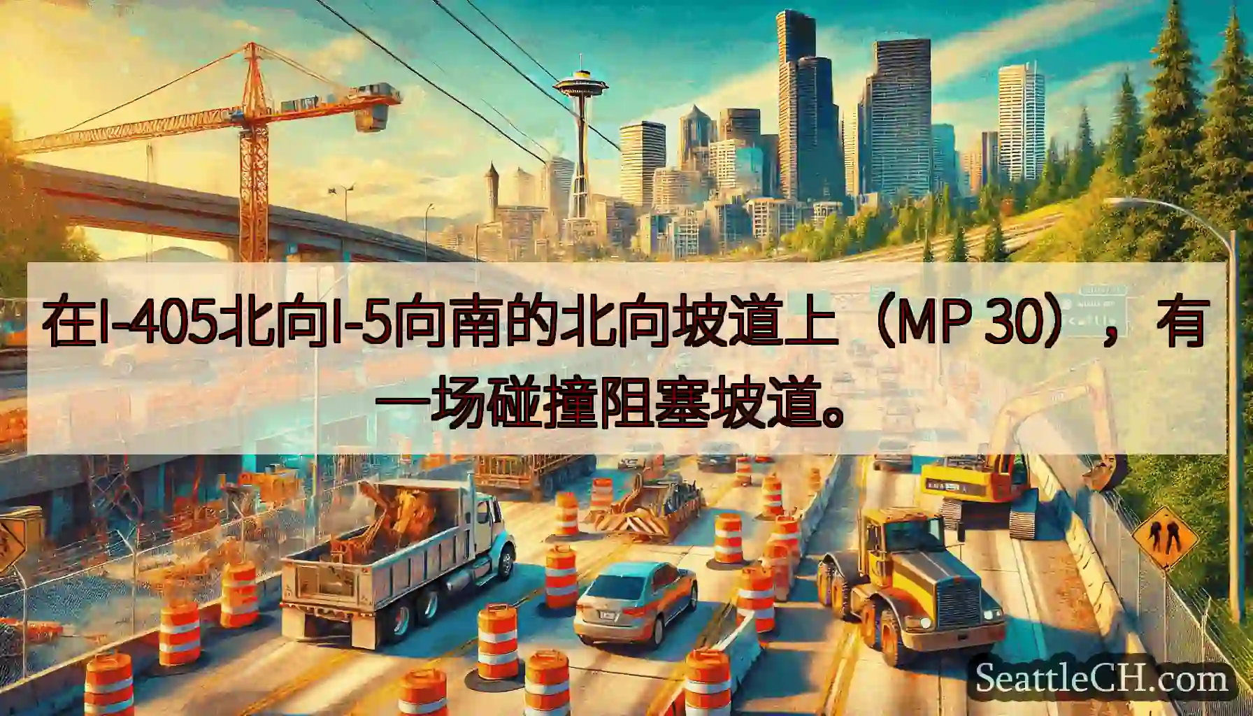 在I-405北向I-5向南的北向坡道上（MP 30），有一场碰撞阻塞坡道。
