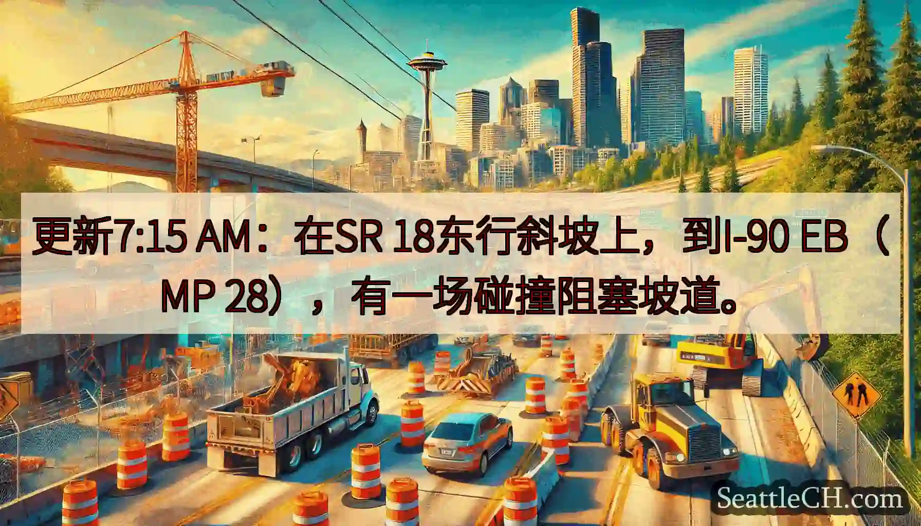 更新7:15 AM：在SR 18东行斜坡上，到I-90 EB（MP 28），有一场碰撞阻塞坡道。