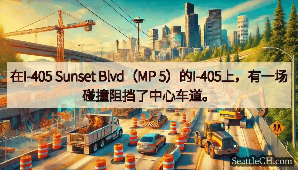 在I-405 Sunset Blvd（MP 5）的I-405上，有一场碰撞阻挡了中心车道。