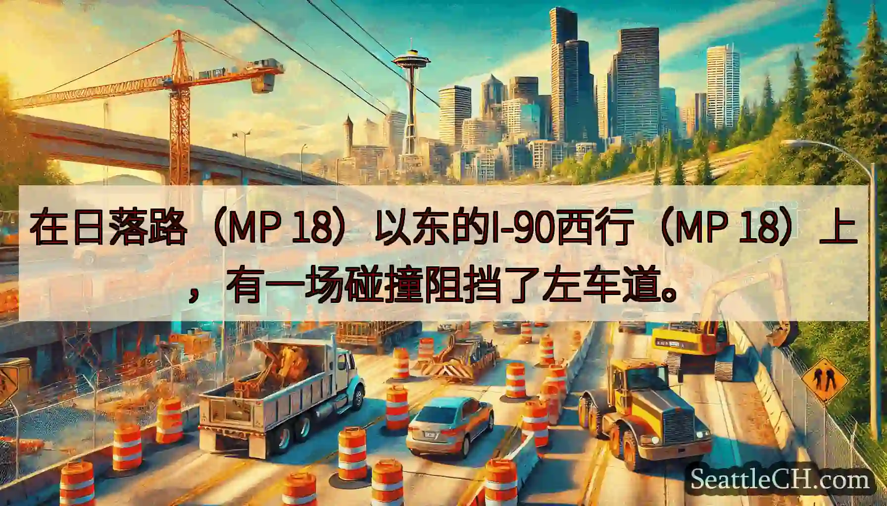 在日落路（MP 18）以东的I-90西行（MP 18）上，有一场碰撞阻挡了左车道。