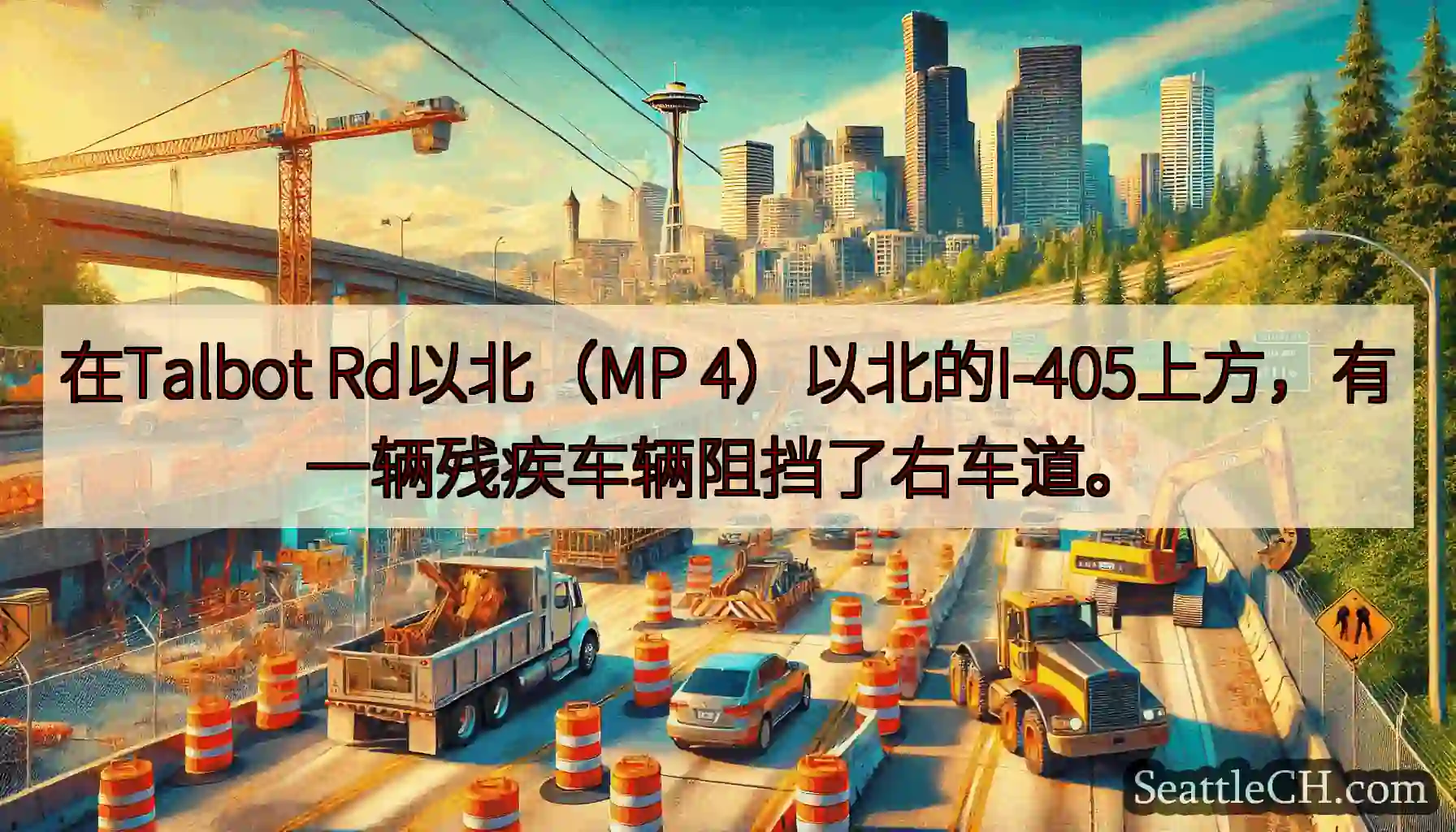 在Talbot Rd以北（MP 4）以北的I-405上方，有一辆残疾车辆阻挡了右车道。