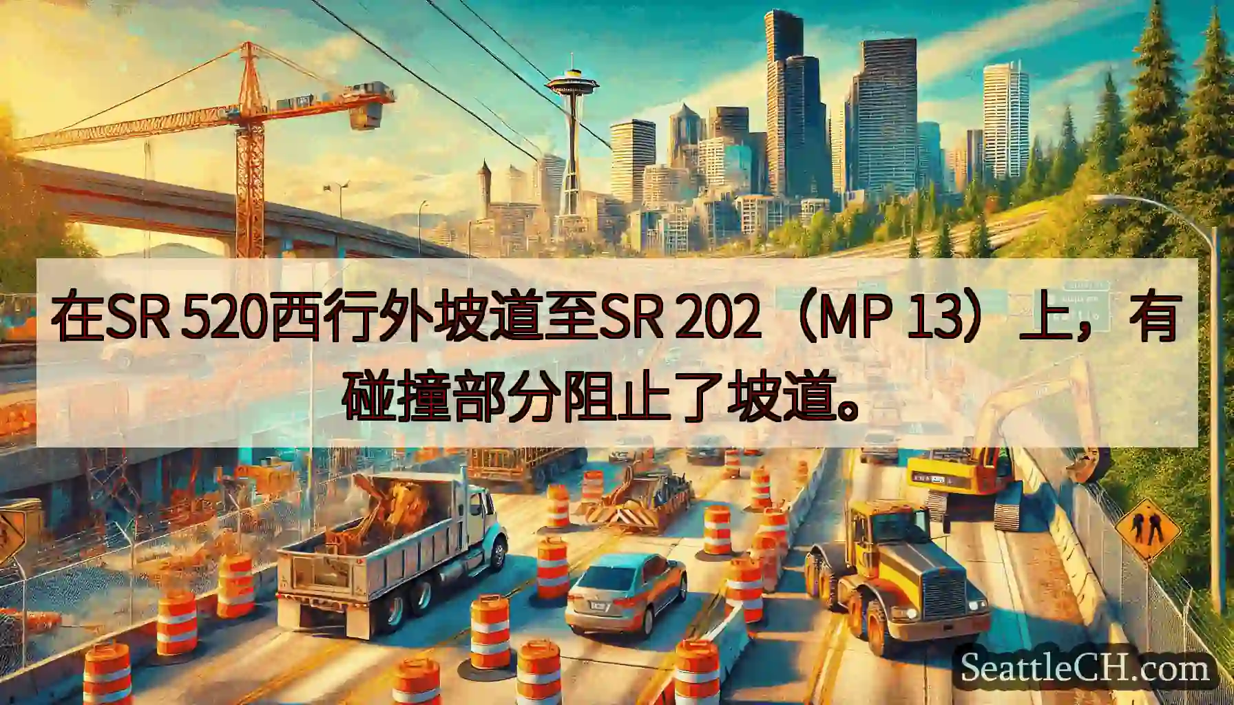 在SR 520西行外坡道至SR 202（MP 13）上，有碰撞部分阻止了坡道。