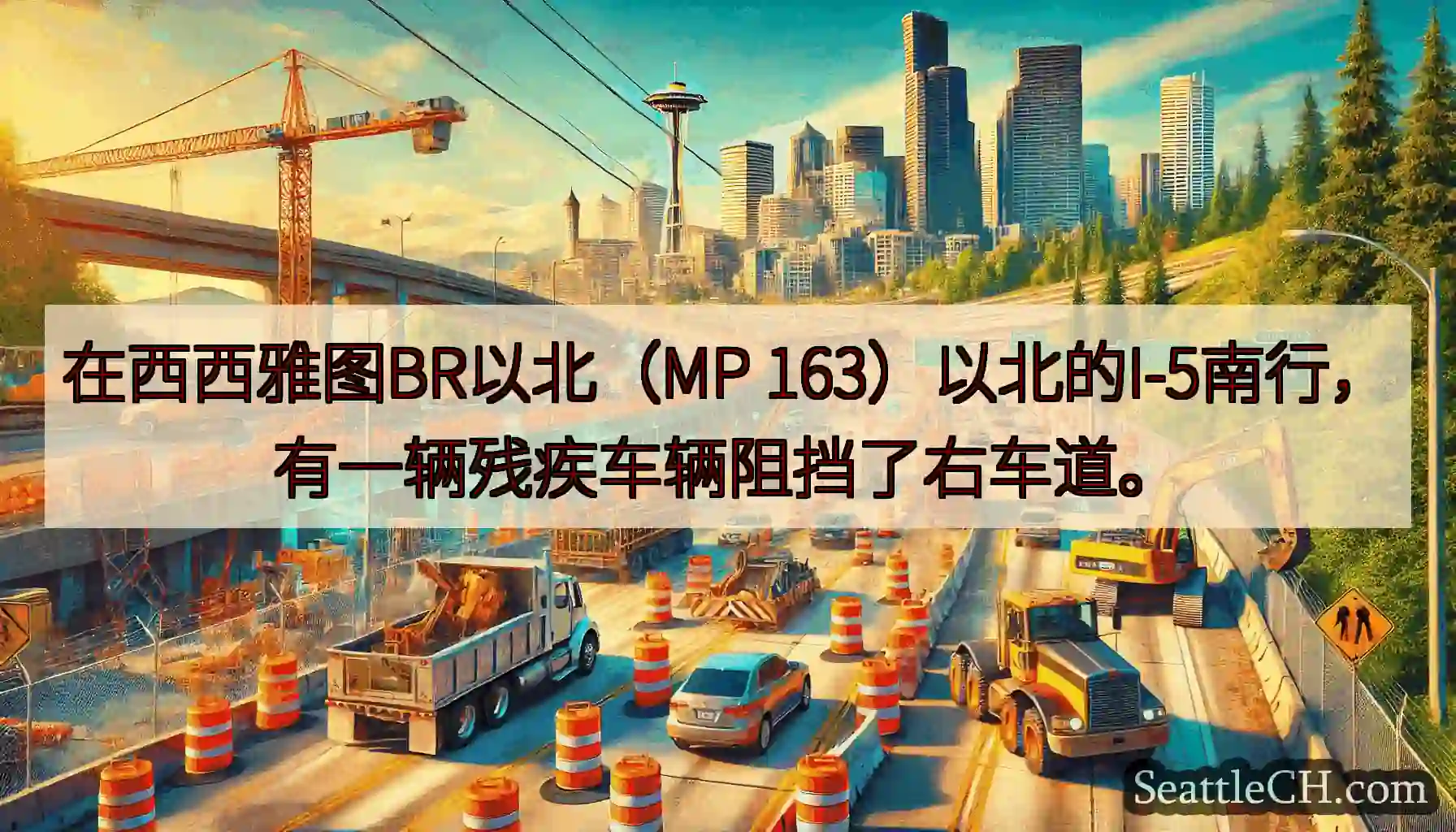 在西西雅图BR以北（MP 163）以北的I-5南行，有一辆残疾车辆阻挡了右车道。