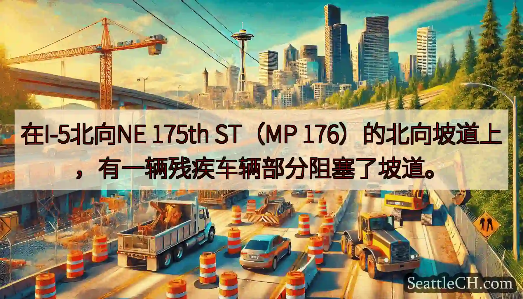 在I-5北向NE 175th ST（MP 176）的北向坡道上，有一辆残疾车辆部分阻塞了坡道。