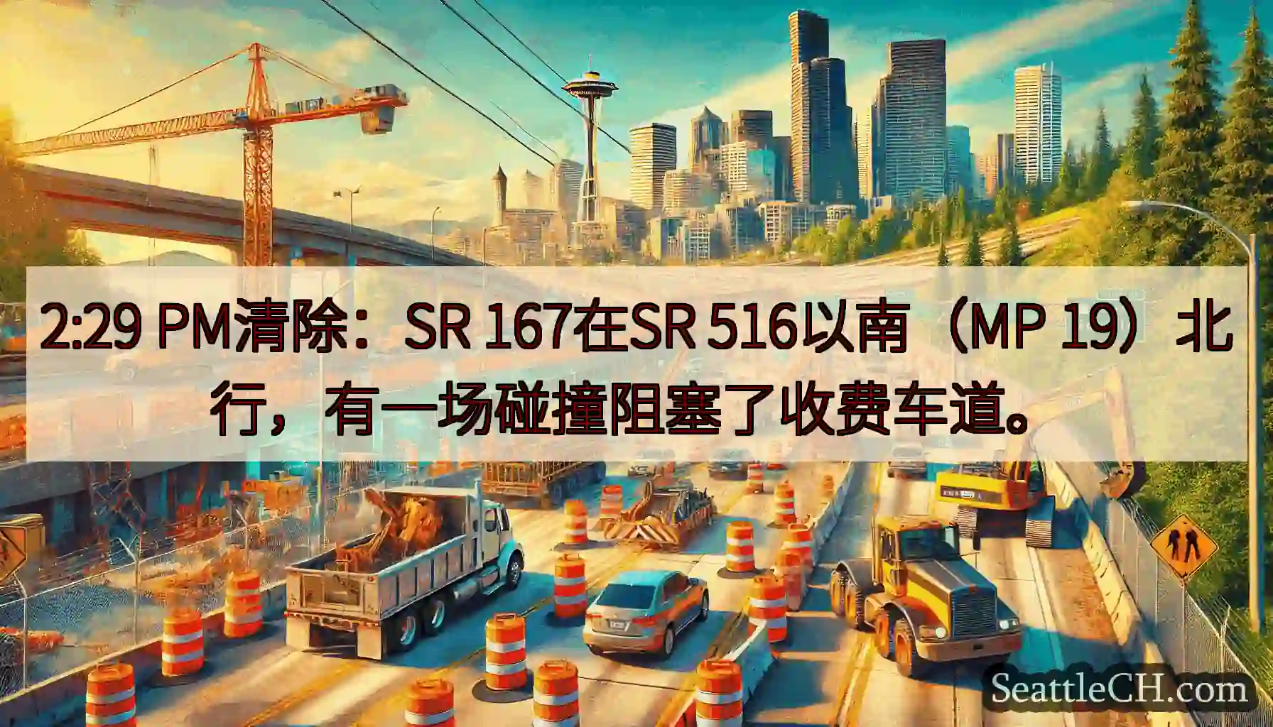 2:29 PM清除：SR 167在SR 516以南（MP 19）北行，有一场碰撞阻塞了收费车道。