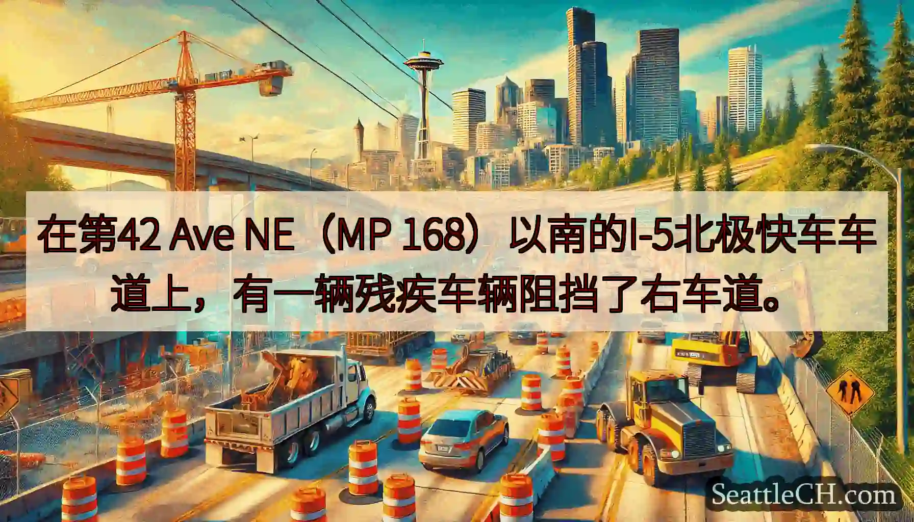 在第42 Ave NE（MP 168）以南的I-5北极快车车道上，有一辆残疾车辆阻挡了右车道。