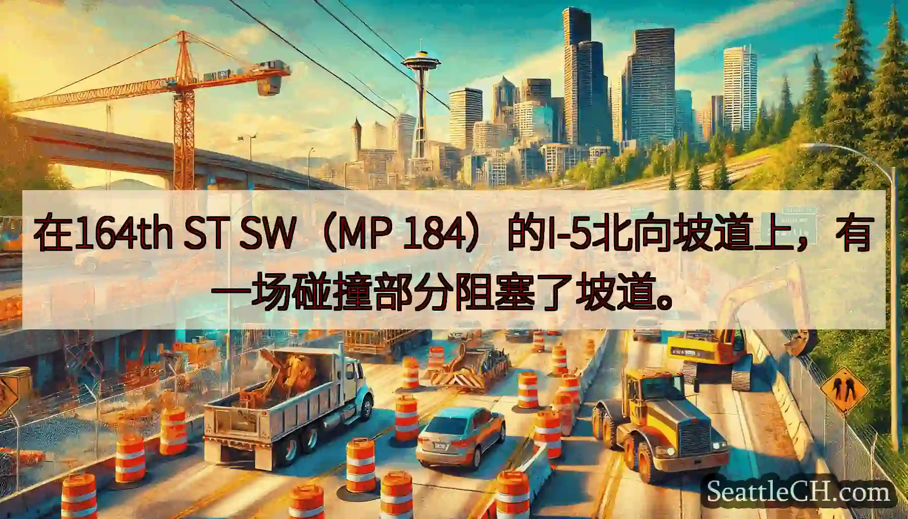 在164th ST SW（MP 184）的I-5北向坡道上，有一场碰撞部分阻塞了坡道。