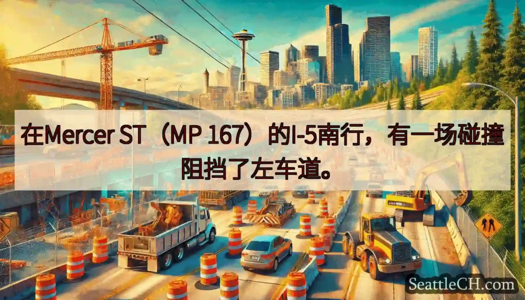 在Mercer ST（MP 167）的I-5南行，有一场碰撞阻挡了左车道。