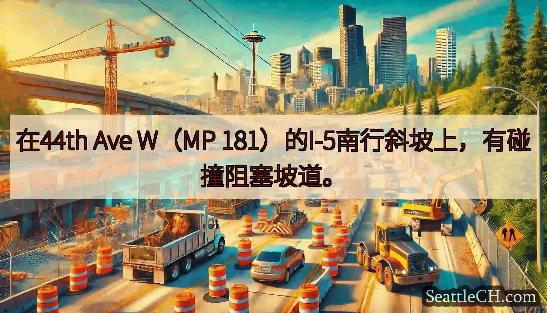 在44th Ave W（MP 181）的I-5南行斜坡上，有碰撞阻塞坡道。
