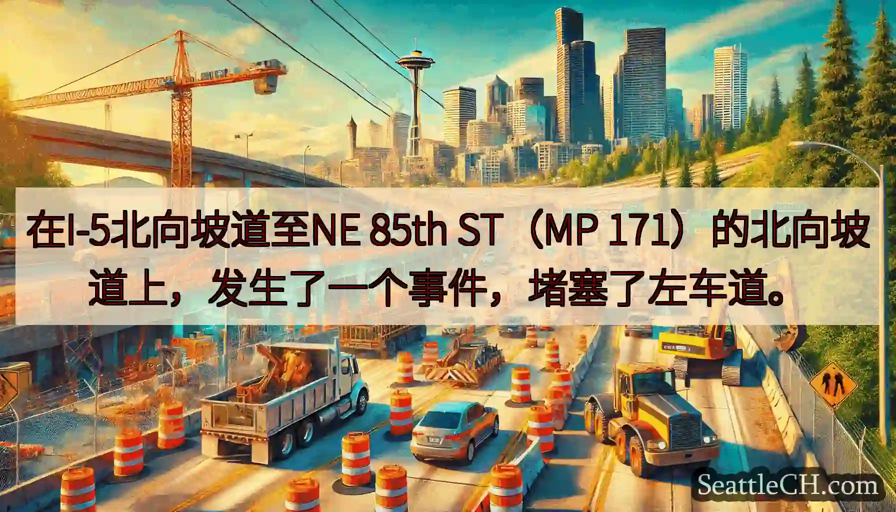 在I-5北向坡道至NE 85th ST（MP 171）的北向坡道上，发生了一个事件，堵塞了左车道。