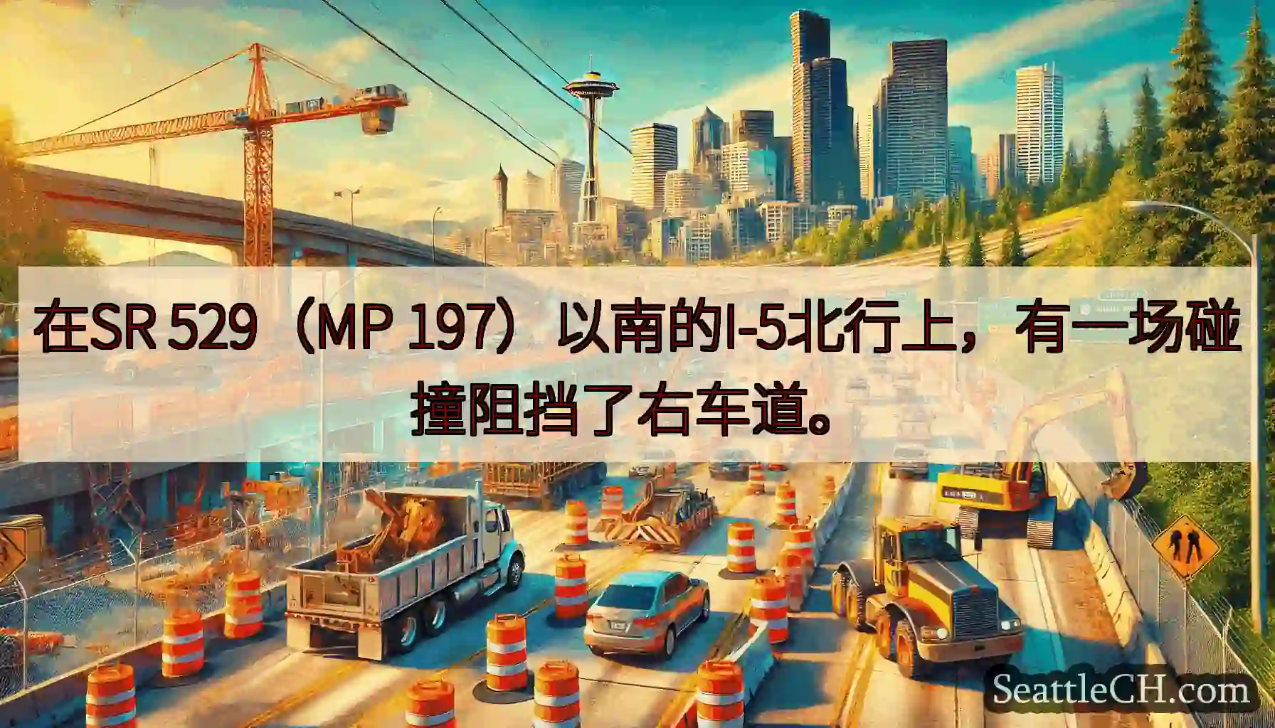 在SR 529（MP 197）以南的I-5北行上，有一场碰撞阻挡了右车道。