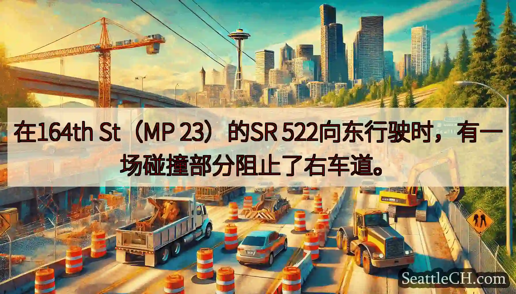 在164th St（MP 23）的SR 522向东行驶时，有一场碰撞部分阻止了右车道。