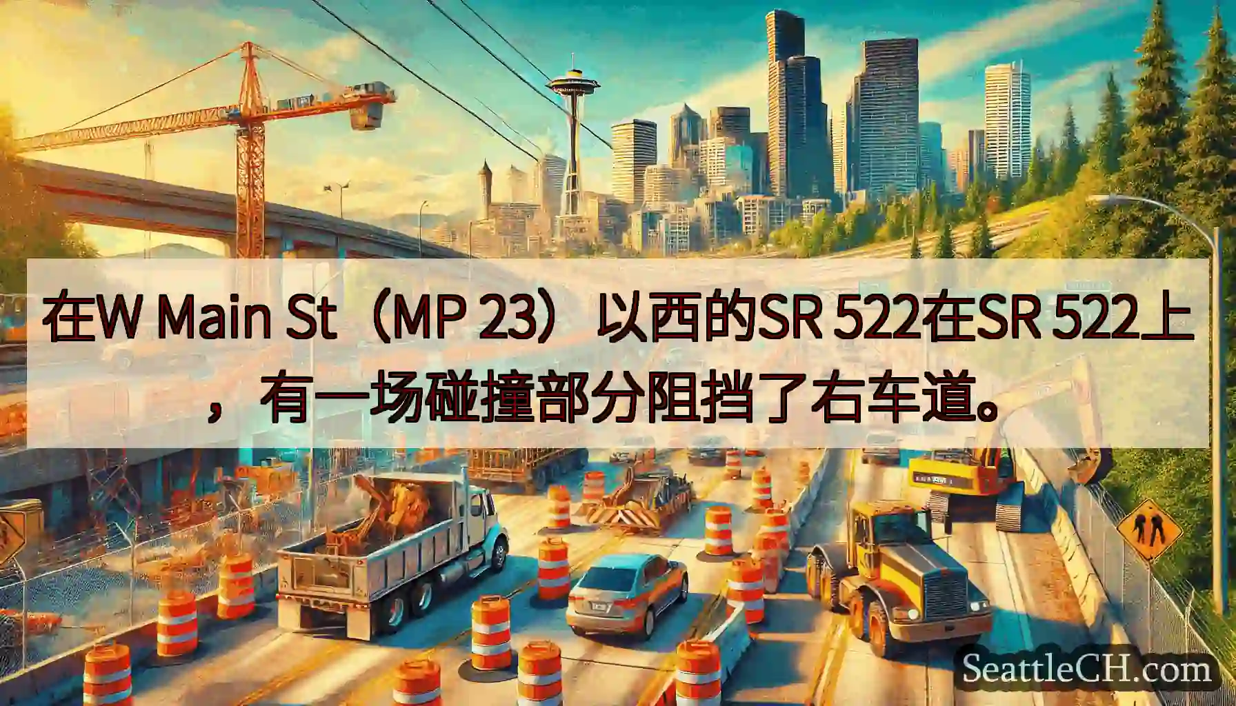 在W Main St（MP 23）以西的SR 522在SR 522上，有一场碰撞部分阻挡了右车道。