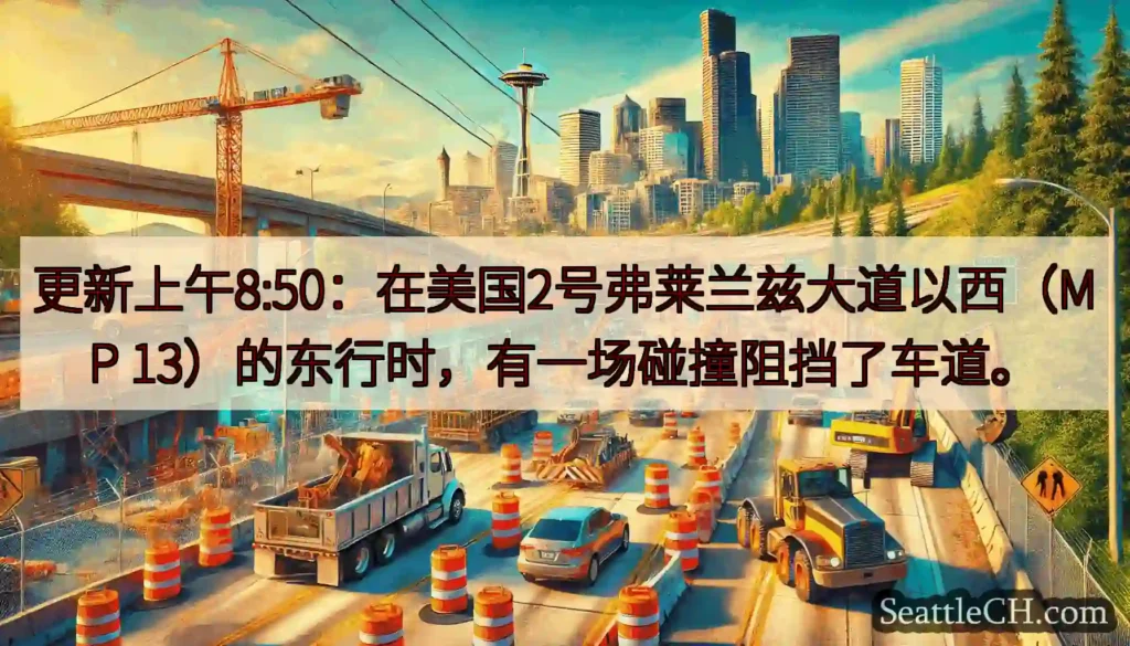 更新上午8:50：在美国2号弗莱兰兹大道以西（MP 13）的东行时，有一场碰撞阻挡了车道。
