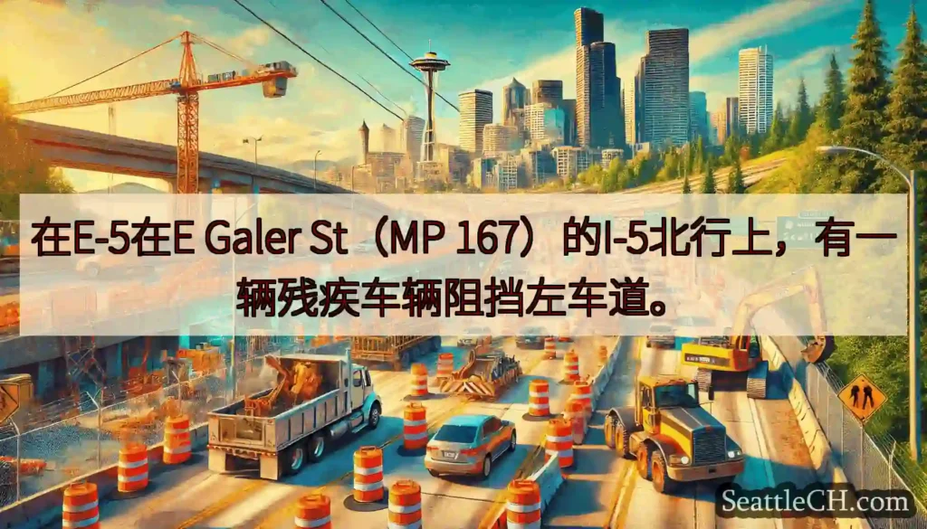 在E-5在E Galer St（MP 167）的I-5北行上，有一辆残疾车辆阻挡左车道。