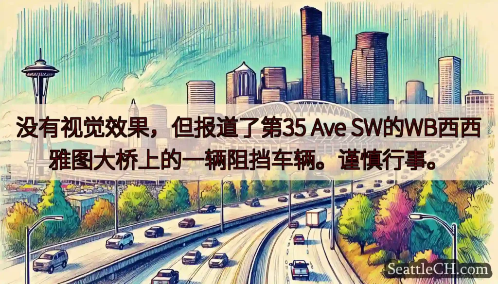 没有视觉效果，但报道了第35 Ave SW的WB西西雅图大桥上的一辆阻挡车辆。谨慎行事。