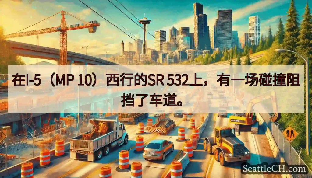 在I-5（MP 10）西行的SR 532上，有一场碰撞阻挡了车道。
