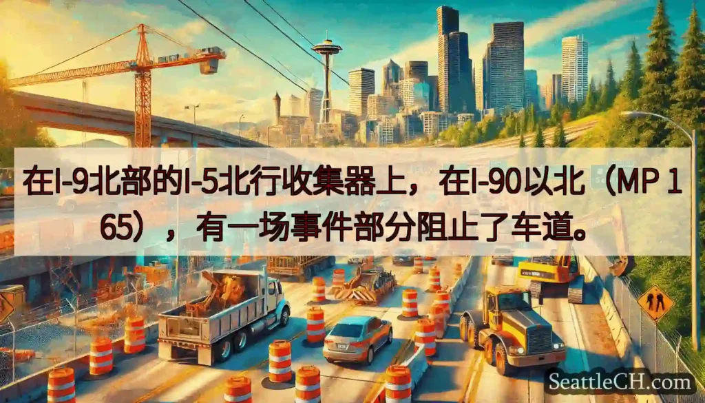 在I-9北部的I-5北行收集器上，在I-90以北（MP 165），有一场事件部分阻止了车道。