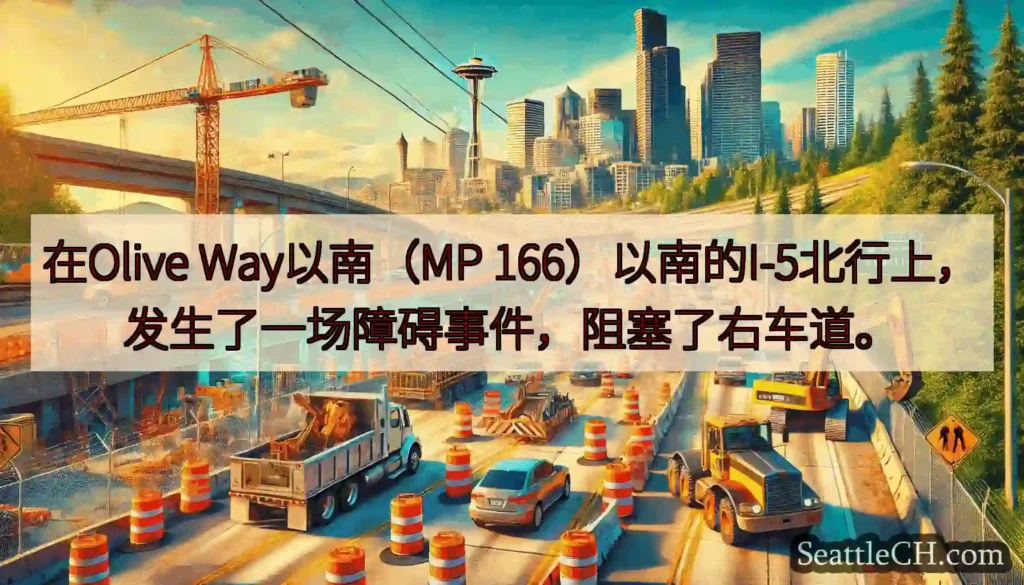 在Olive Way以南（MP 166）以南的I-5北行上，发生了一场障碍事件，阻塞了右车道。