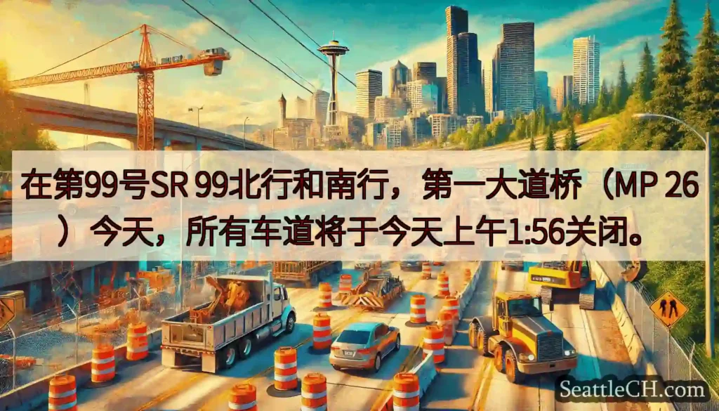 在第99号SR 99北行和南行，第一大道桥（MP 26）今天，所有车道将于今天上午1:56关闭。