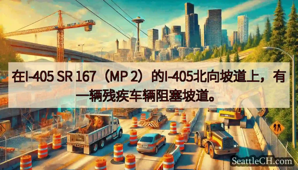 在I-405 SR 167（MP 2）的I-405北向坡道上，有一辆残疾车辆阻塞坡道。