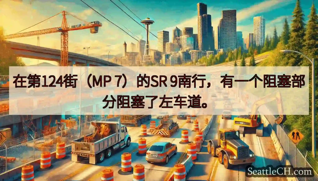 在第124街（MP 7）的SR 9南行，有一个阻塞部分阻塞了左车道。