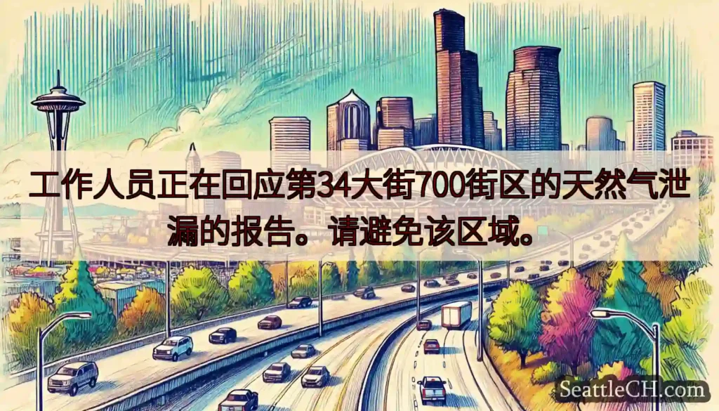 工作人员正在回应第34大街700街区的天然气泄漏的报告。请避免该区域。