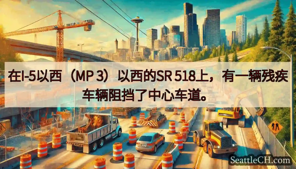 在I-5以西（MP 3）以西的SR 518上，有一辆残疾车辆阻挡了中心车道。