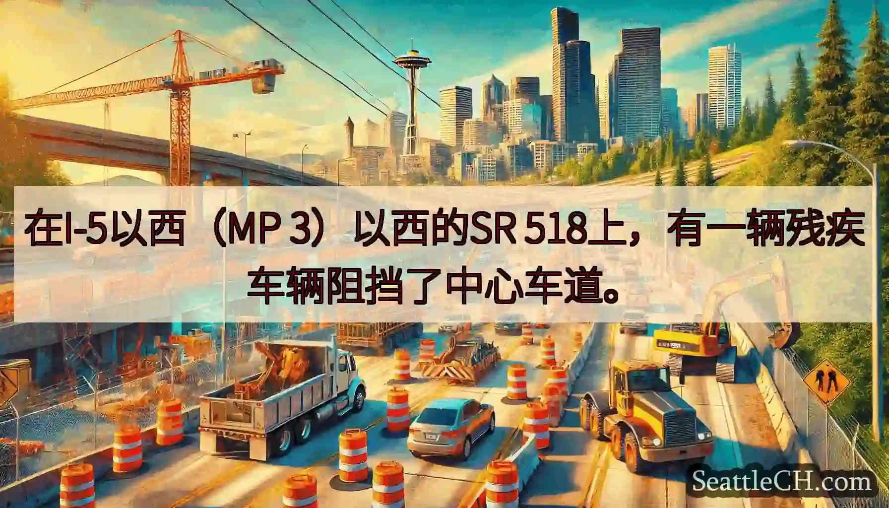 在I-5以西（MP 3）以西的SR 518上，有一辆残疾车辆阻挡了中心车道。
