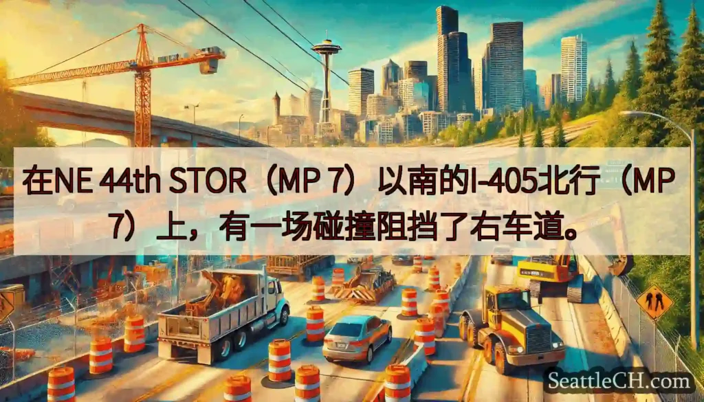 在NE 44th STOR（MP 7）以南的I-405北行（MP 7）上，有一场碰撞阻挡了右车道。