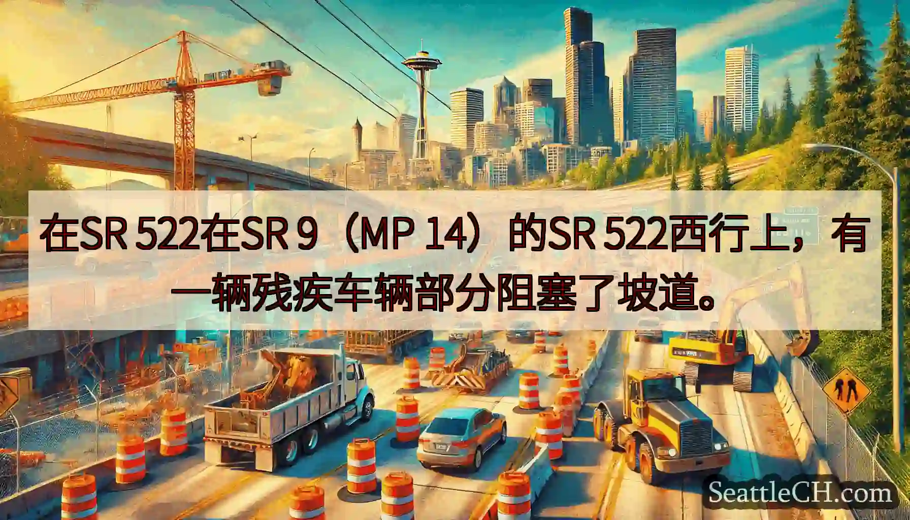 在SR 522在SR 9（MP 14）的SR 522西行上，有一辆残疾车辆部分阻塞了坡道。