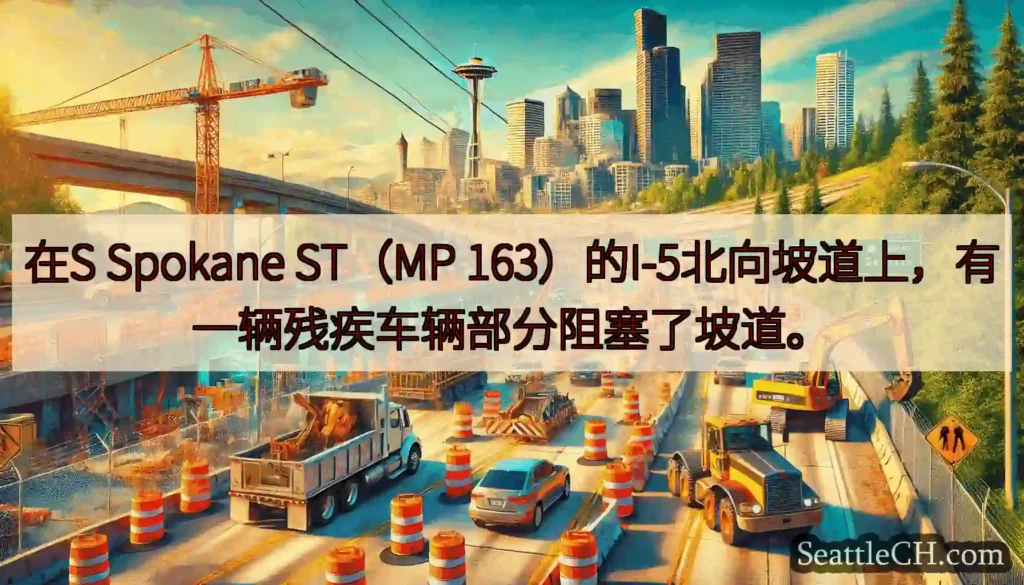 在S Spokane ST（MP 163）的I-5北向坡道上，有一辆残疾车辆部分阻塞了坡道。