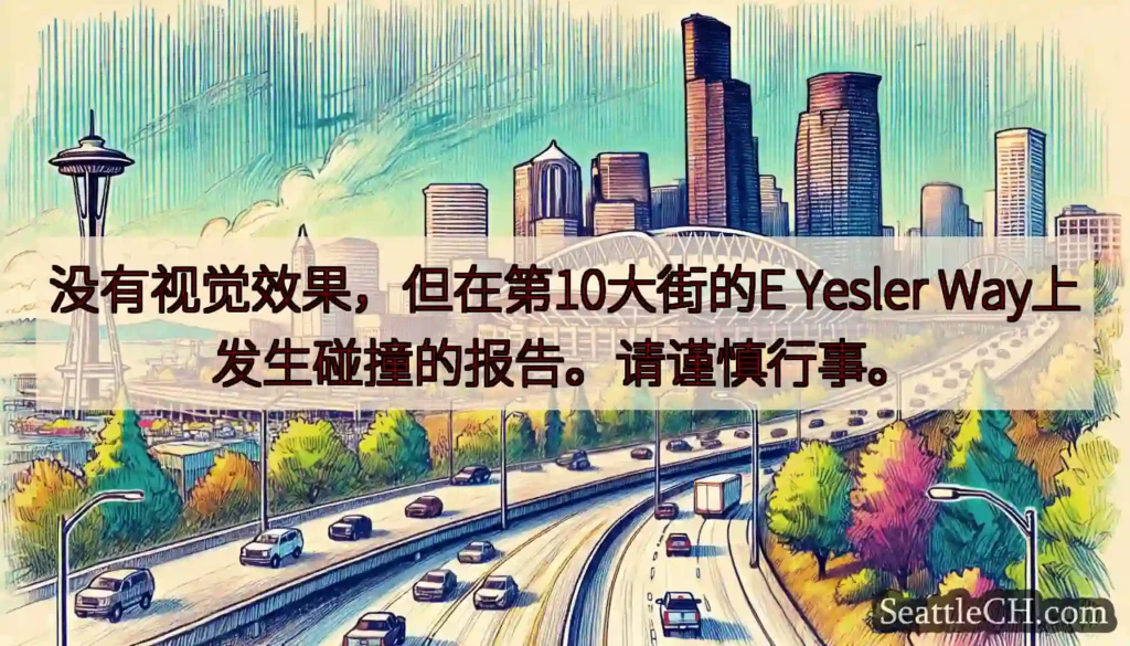 没有视觉效果，但在第10大街的E Yesler Way上发生碰撞的报告。请谨慎行事。