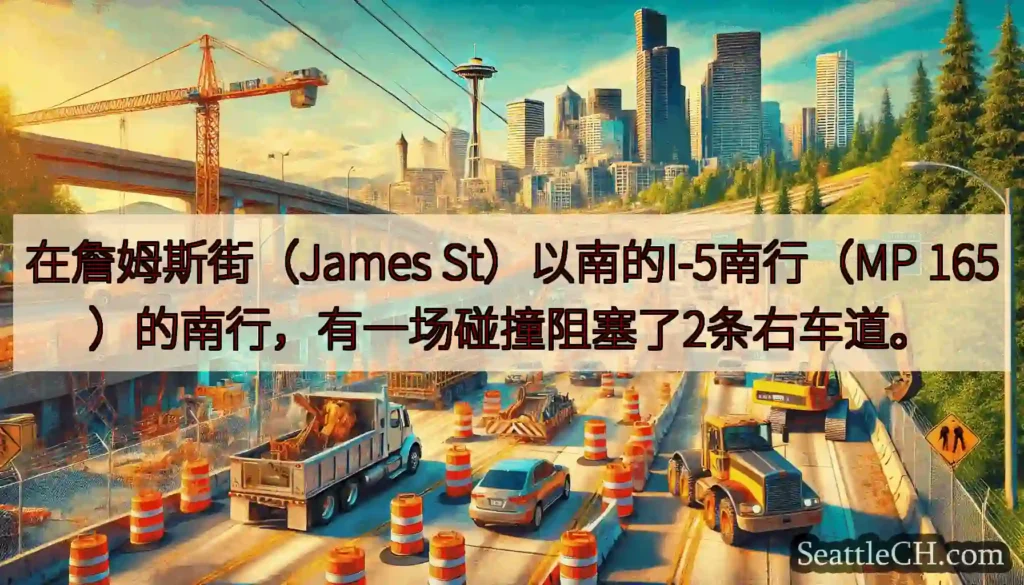 在詹姆斯街（James St）以南的I-5南行（MP 165）的南行，有一场碰撞阻塞了2条右车道。