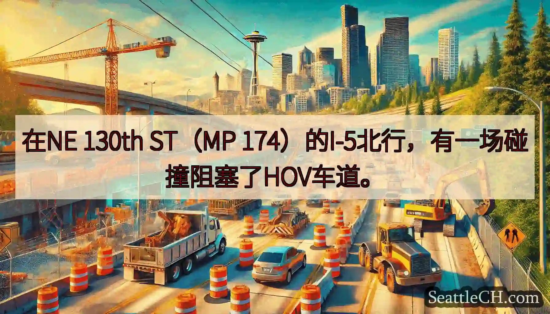 在NE 130th ST（MP 174）的I-5北行，有一场碰撞阻塞了HOV车道。