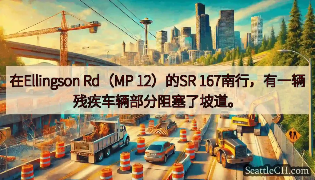 在Ellingson Rd（MP 12）的SR 167南行，有一辆残疾车辆部分阻塞了坡道。
