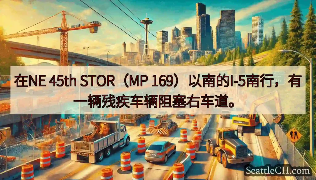 在NE 45th STOR（MP 169）以南的I-5南行，有一辆残疾车辆阻塞右车道。