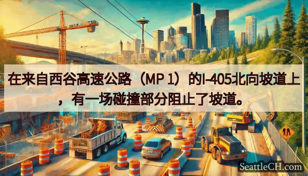在来自西谷高速公路（MP 1）的I-405北向坡道上，有一场碰撞部分阻止了坡道。