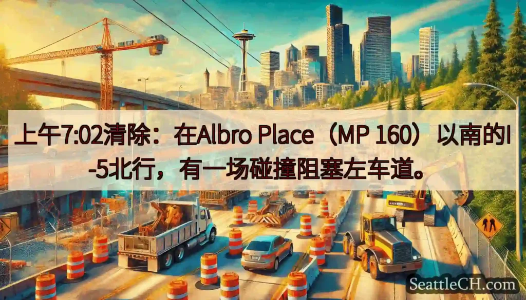 上午7:02清除：在Albro Place（MP 160）以南的I-5北行，有一场碰撞阻塞左车道。
