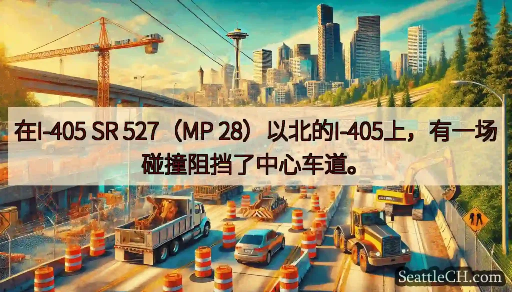 在I-405 SR 527（MP 28）以北的I-405上，有一场碰撞阻挡了中心车道。
