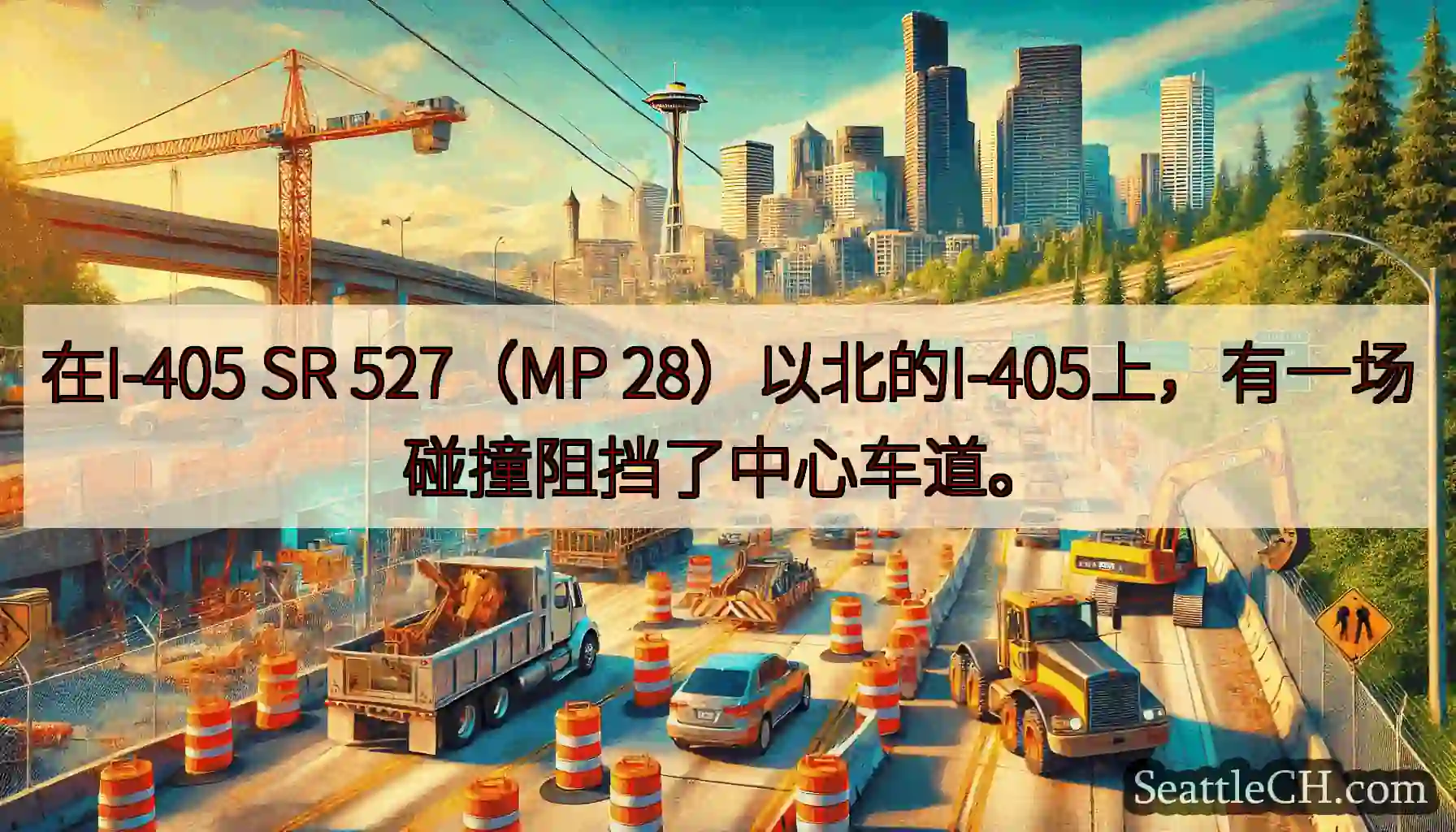 在I-405 SR 527（MP 28）以北的I-405上，有一场碰撞阻挡了中心车道。