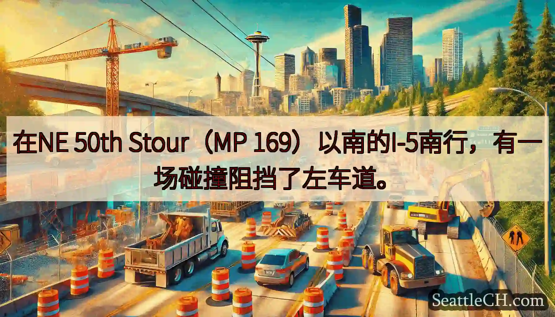 在NE 50th Stour（MP 169）以南的I-5南行，有一场碰撞阻挡了左车道。