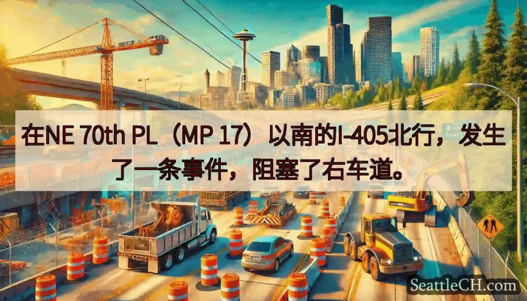 在NE 70th PL（MP 17）以南的I-405北行，发生了一条事件，阻塞了右车道。