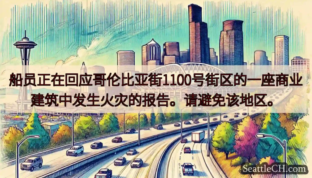 船员正在回应哥伦比亚街1100号街区的一座商业建筑中发生火灾的报告。请避免该地区。