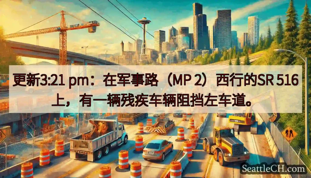 更新3:21 pm：在军事路（MP 2）西行的SR 516上，有一辆残疾车辆阻挡左车道。